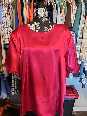 Studio C Satin Short-Sleeve Blouse in Fuchsia